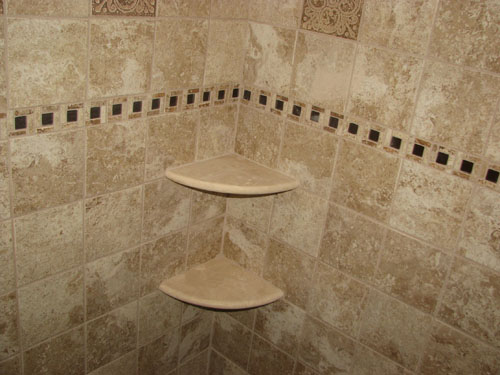 ceramic tile shower with marble corner shelves-marlton,nj